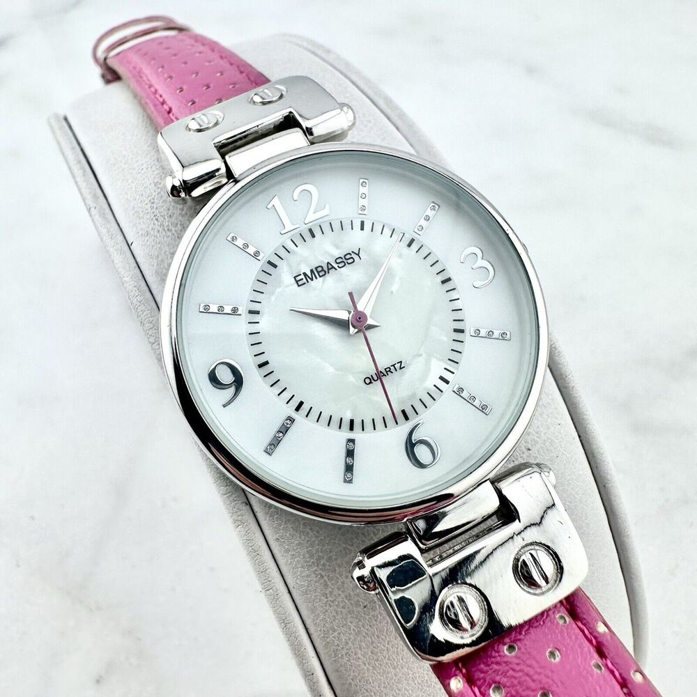 Embassy Mother of Pearl Dial, Pink Leather, Womens Watch - New Battery Installed